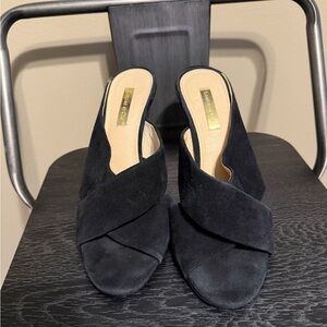 Louise et Cie Black Suede Cross Strap Slide Mule Stiletto Heels 7.5